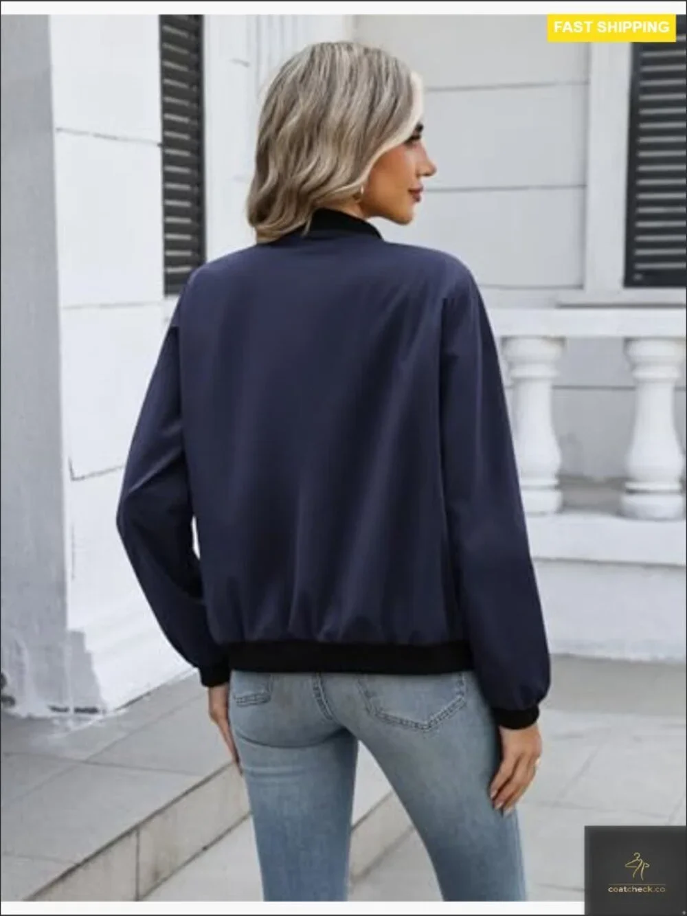 Casual Bomber Jacket Zip Up Lightweight Trendy Workwear Coat With Pockets
